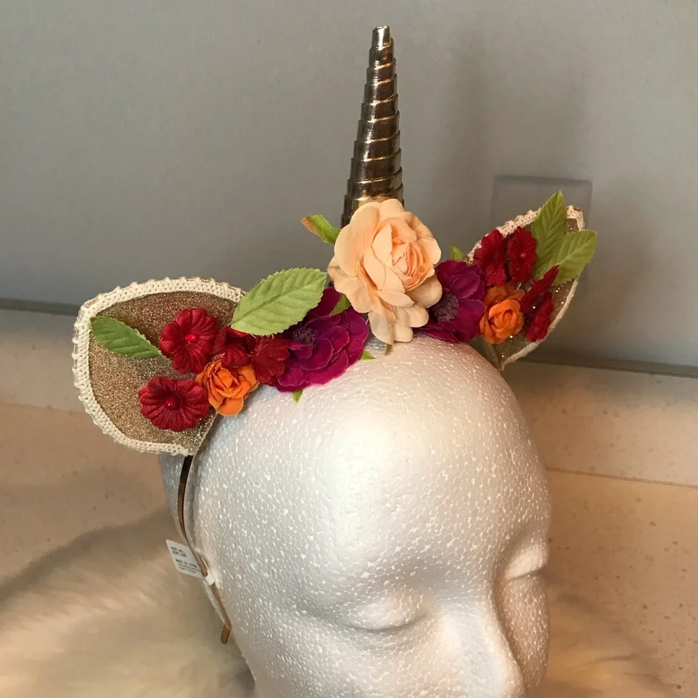 Unicorn Multi Red Green Gold Tone Floral Ears Horn headband hairband diadema OS